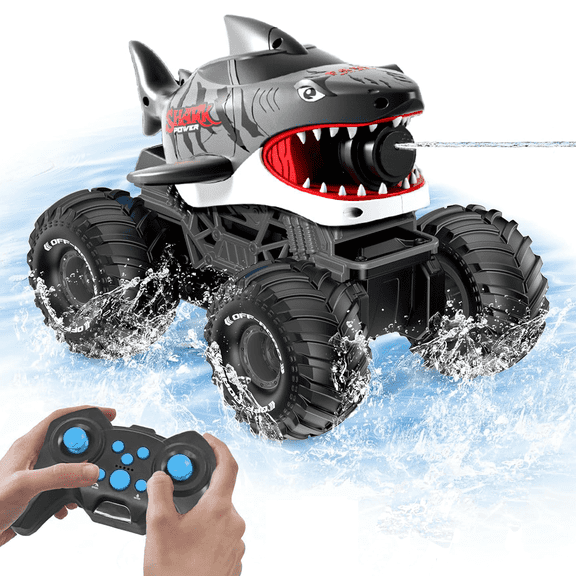 Richgv Remote Control Car Amphibious RC Shark Truck with Water Squirt, Waterproof All Terrain Off-Road Monster Truck, Kids Pool Toy Gift for Boy Girl Age 6 