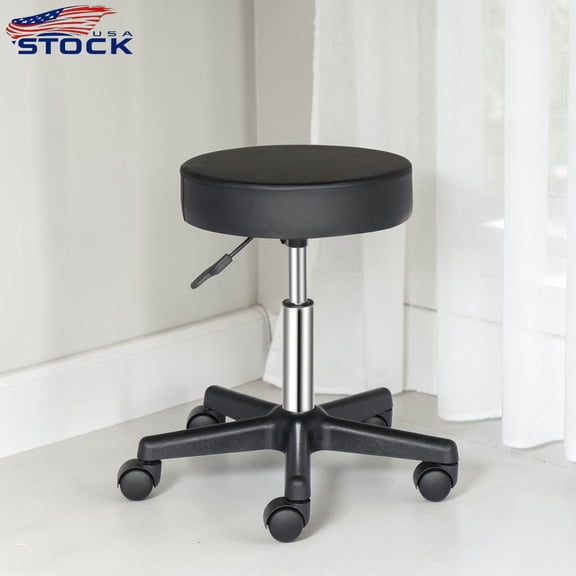 IVV Backless Rolling Stool with Plastic Feet & Nylon Wheels, 18.1-24in Height-Adjustable PU Leather Swivel Round Seat for Salon, Spa, Massage, 330 LBS Weight Capacity, Black