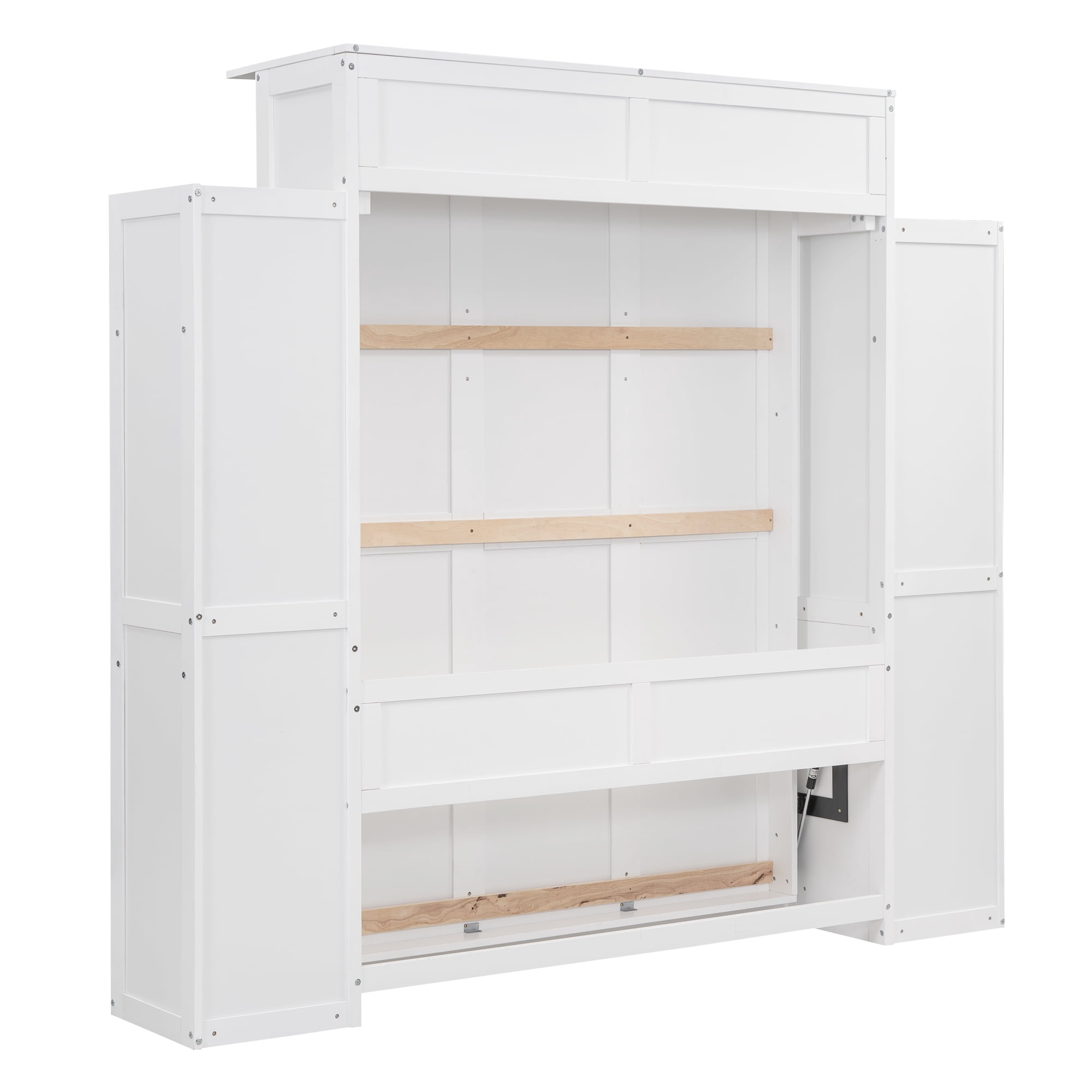 Aukfa Full Size Murphy Bed with 5-Tier Storage Shelf & LED Lights, Foldable Wall Bed Cabinet with Mattress Support, Space-Saving Design for Guest Room/Home Office, White