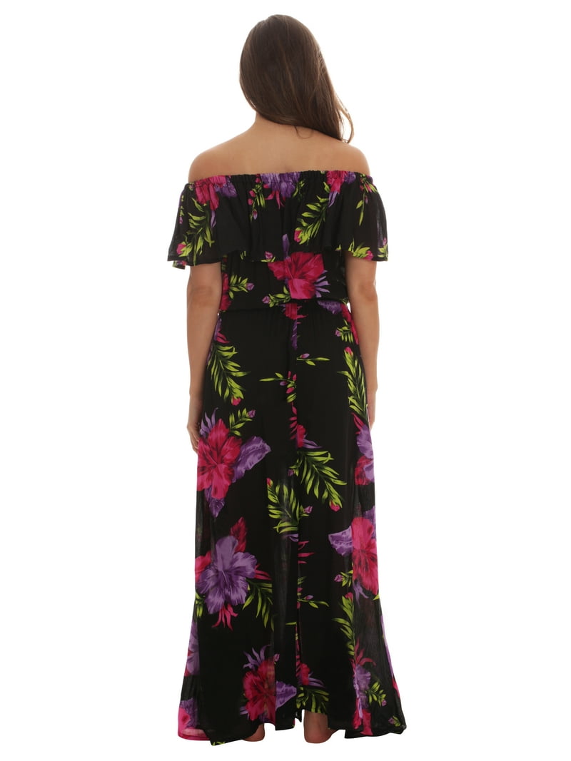 Riviera Sun Rayon Crepe Printed Maxi Dress for Women (X-Large, Black - Purple Floral)