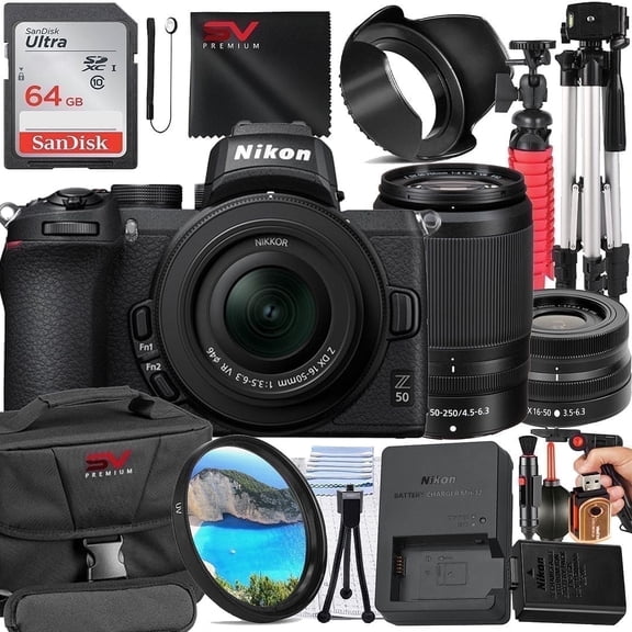Nikon Z50 Mirrorless Camera with 50-250mm Lens   64GB Memory Card   Pistol Grip Tripod   SV Premium Accessory Bundle (International Version)