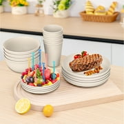 GPED 48 Pcs Wheat Straw Dinnerware Sets For 4, Unbreakable Dinnerware Sets, Reusable Wheat Straw Plates and Bowls Sets, Travel Camping Cutlery Set, Dishwasher Microwave Safe Dinnerware, Beige