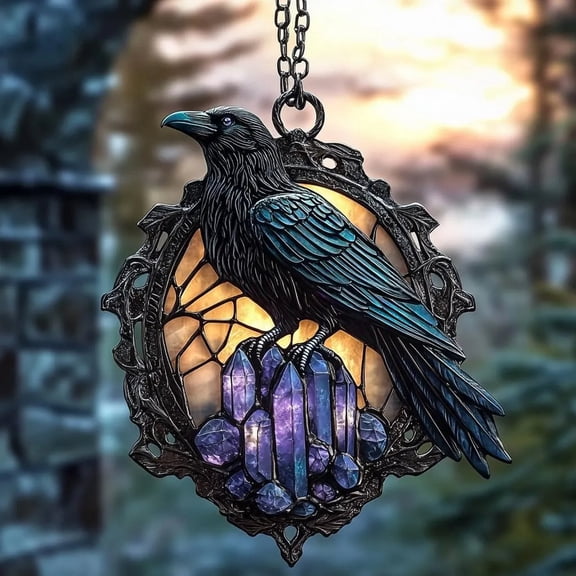 Clearance Under $0.9! 1 Pack Acrylic Gothic Crow Stained Glass Window Hanging Halloween Decor