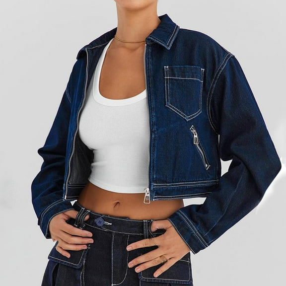Frostluinai Womens Cropped Denim Jacket Long Sleeve Open Front Jean Cardigaan Full Zip Lapel Collar Crop Denim Coats Fall Jean Coat with Pocket