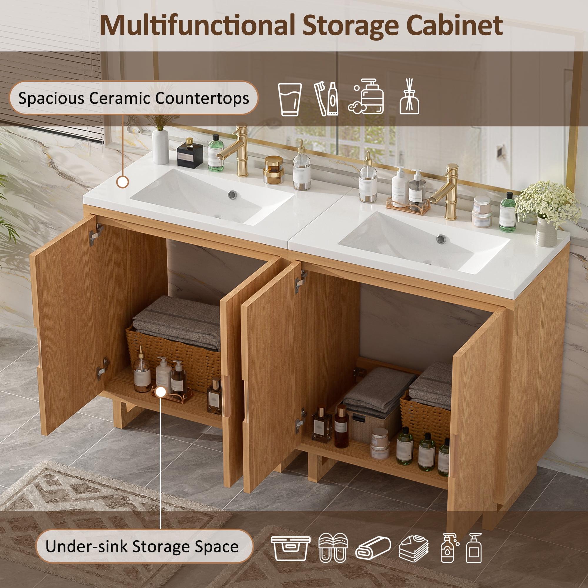 Euroco 60.2" Bathroom vanity Set with Sink, Combo Cabinet, Bathroom Storage Cabinet, Solid Wood Frame
