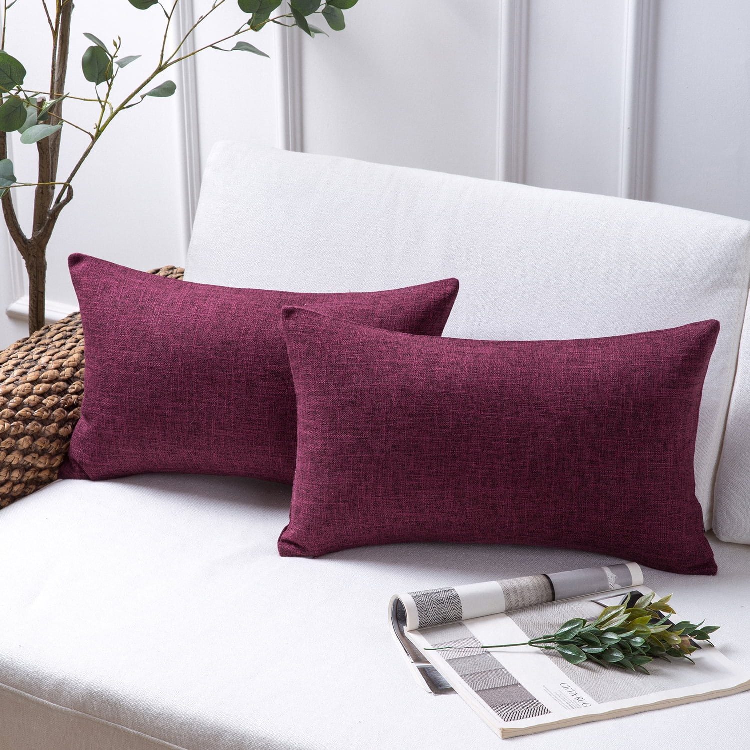 Phantoscope Linen-Look Decorative Throw Pillows with Inserts, 12 x 20 in, Dark Purple, 2 Pack