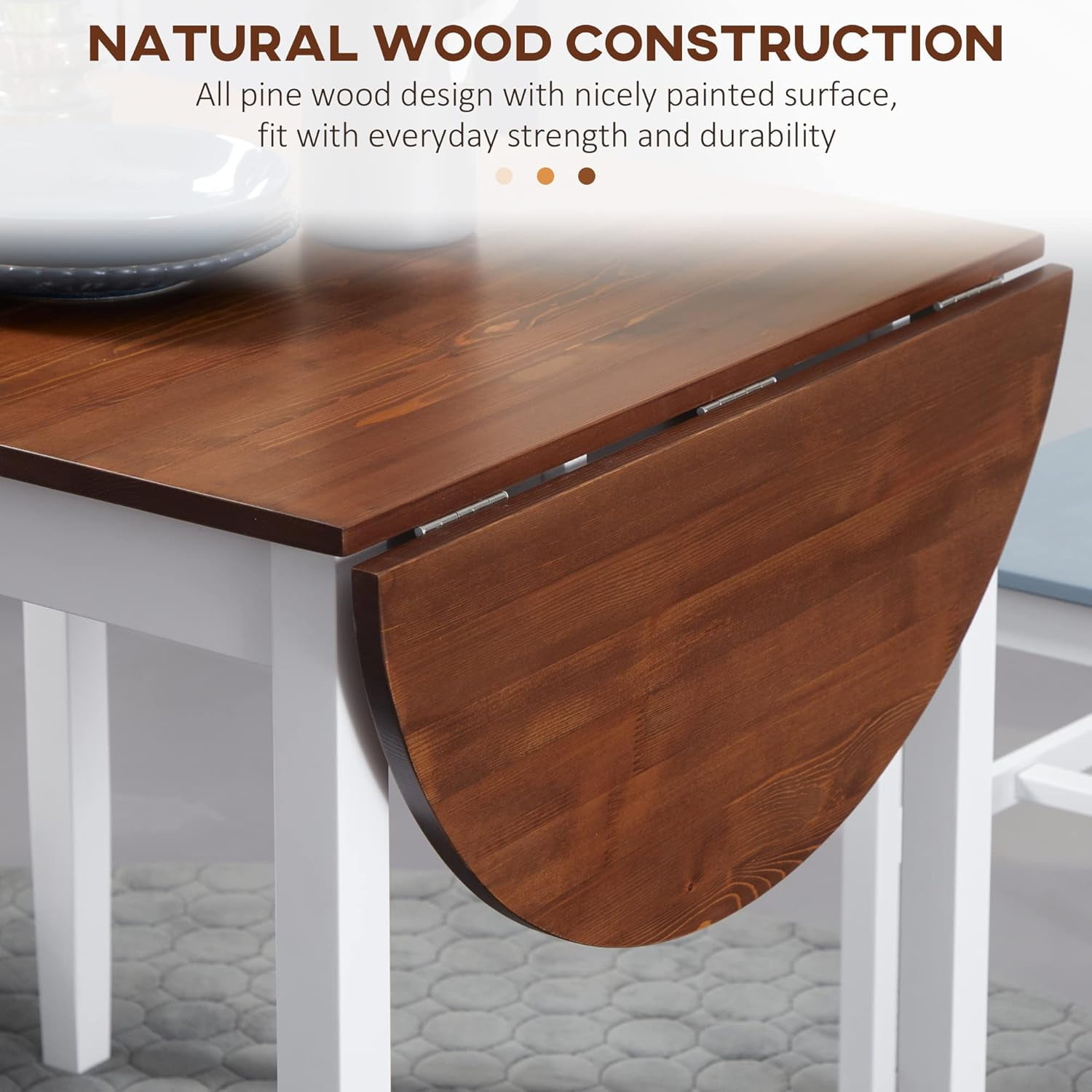 GARITIN Solid Wood Folding Dining Table, Drop Leaf Kitchen Dining Room Desk for Small Spaces, Expandable Folding Round Table for Home Apartment Office, Brown+White