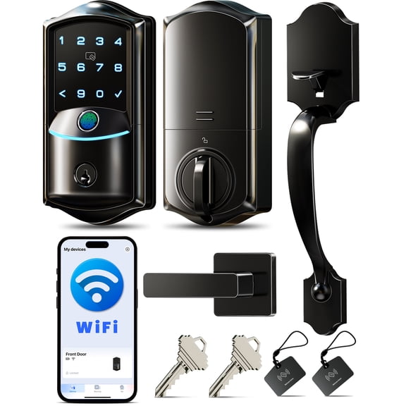 Veise Smart Lock for Front Door with Handle Set, Wifi Fingerprint Keyless Entry, Touchscreen Keypad, Easy Install, Matte Black