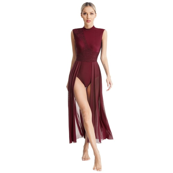 Jowowha Women's Lace Lyrical Dance Costume Long Split Keyhole Modern Contemporary Ballet Leotard Burgundy M