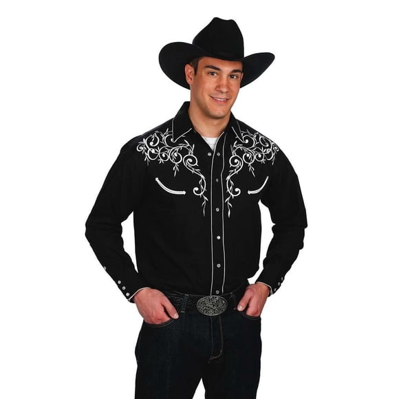 Chemise Western Rétro à Broderie Feuille en Mélange de Coton pour Hommes - Noir - Petit