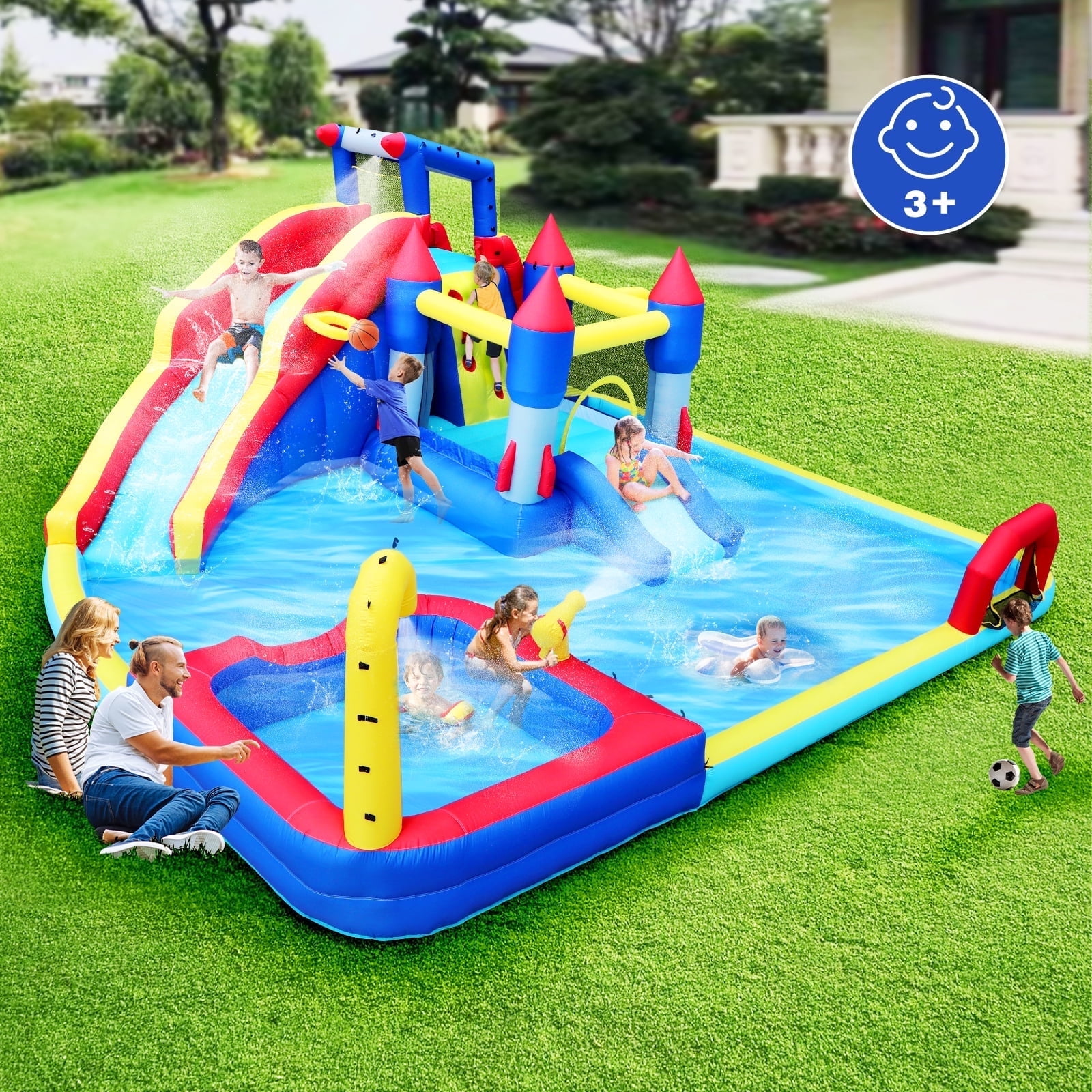 HONGLONG 10 In 1 Kids Inflatable Slide Water Park Trampoline Bouncing House, Outdoor Bounce House with 650W Blower, Splash Pool, Climbing Wall , Water Toys for 3-10 Years Old