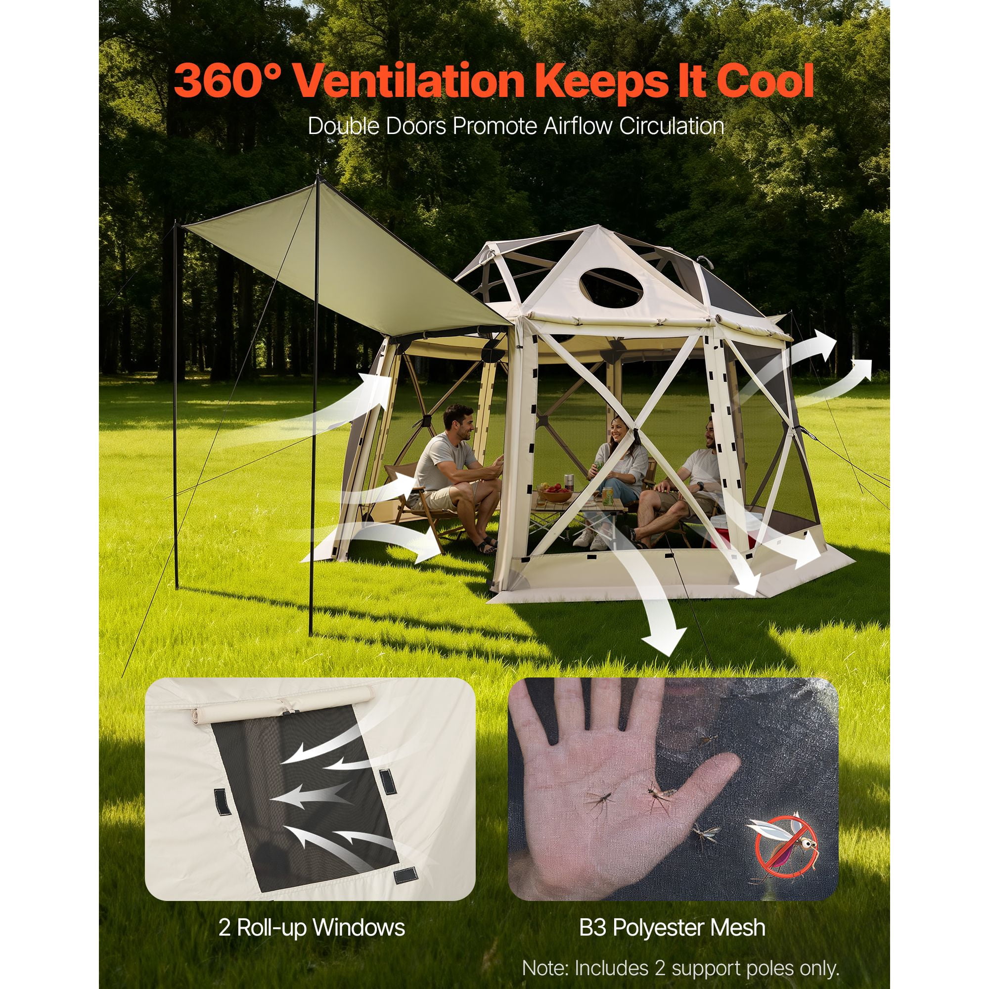 Pop up Gazebo Screen Tent, 12 x 12 ft, 13-Sided Spherical Camping Canopy Tent with Removable Top & Carry Bag, Quick-Set & Bite-Proof, Screen House Sun Shelter for 8-10 Persons, Beige