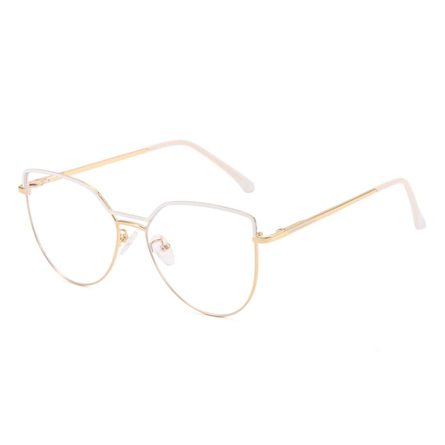 gafas de luz azul para hombres y mujeres, gafas de computadora con bloqueo uv y forma de ojo de gato, gafas ultraligeras Blanco: vista 3/4 de montura ojo de gato metálica dorada con varillas delgadas y puntas blancas, almohadillas nasales de silicona visibles; diseño ultraligero cómodo para uso frente a pantallas y apto para varias formas de rostro; a menudo se usan también como gafas de lectura portátiles.