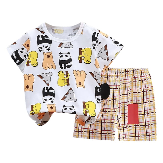 Nwiuh Ensembles d'Été pour Garçons 2 Pcs pour la Plage 2026 Ensemble Deux Pièces T-Shirt à Manches Courtes et Short Col Ras du Cou Imprimé Dessin Animé Tenues Respirantes (Kaki, 6-12 Mois)