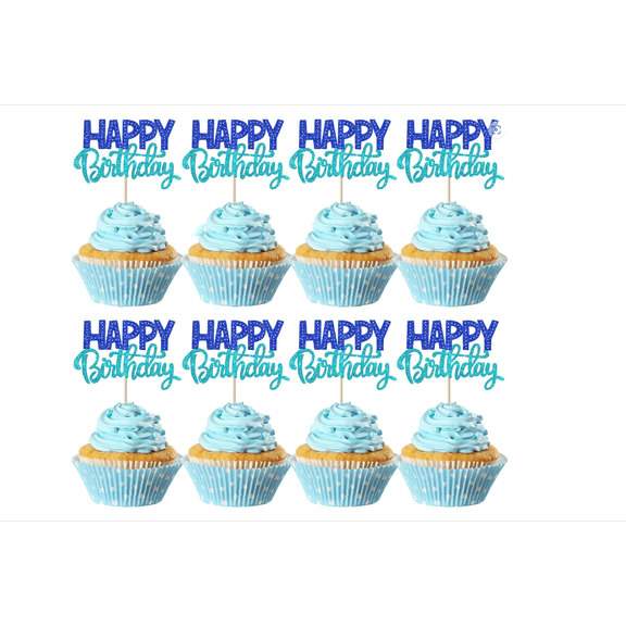 Happy Birthday Cupcake Toppers, Blue Glitter, 10 Pack, for Baby Shower Boys Girls Kids Birthday Party Cake Decorations