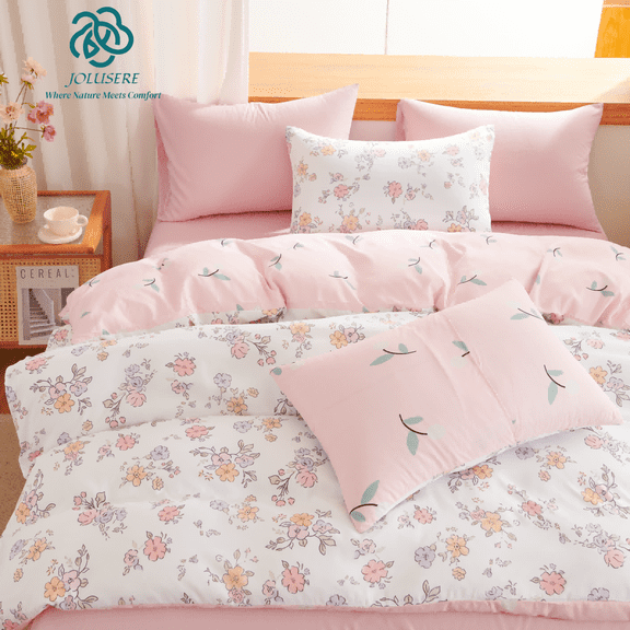JOLUSERE 3-Piece Pink White Floral Reversible Comforter Queen Set,Soft Flower Botanical Quilt Bedding Set for Adults