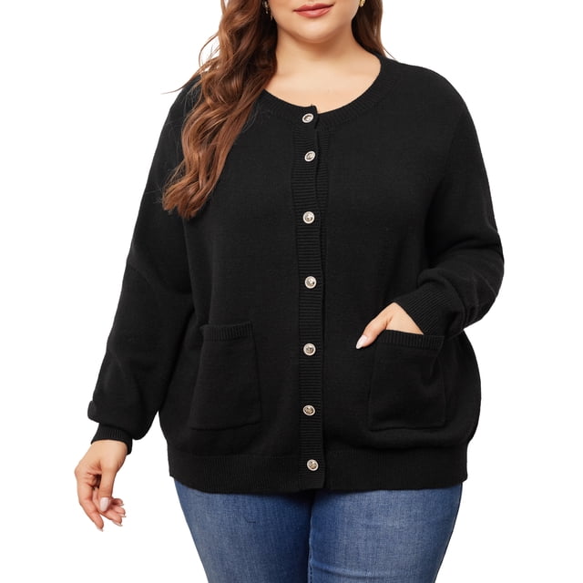 Agnes Orinda Cardigan Chandail Grande Taille pour Femmes Manches Longues Boutonné Col Rond Cardigans Tricotés 2X Noir