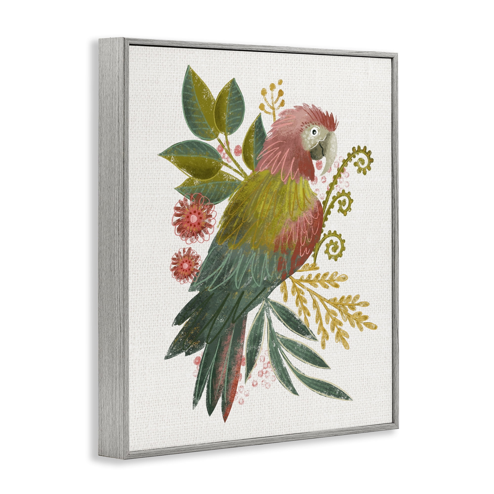 Stupell Industries Parrot with Eclectic Leaves Animals & Insects Painting Gray Framed Art Print Wall Art, 11 x 14