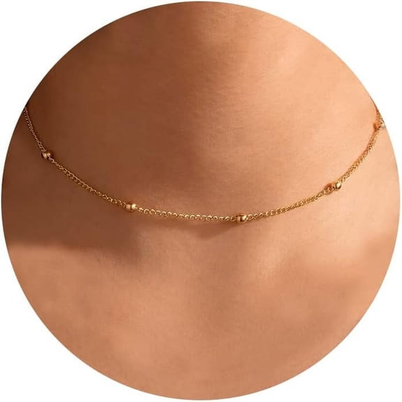 Dainty Gold Necklace For Women, Trendy 14K Gold Plated/Sterling Silver Satellite Choker Necklace Thin Beaded Layered Choker Necklaces Discs Paperclip Chain Necklaces Womens Simple Jewelry Gi[o1254]