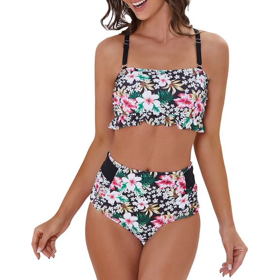 LIORA Women’s Bikini Sets Ruffle Flounce Bandeau High Waisted Bikinis for Women with Back Criss Cross Bathing Suits for Women