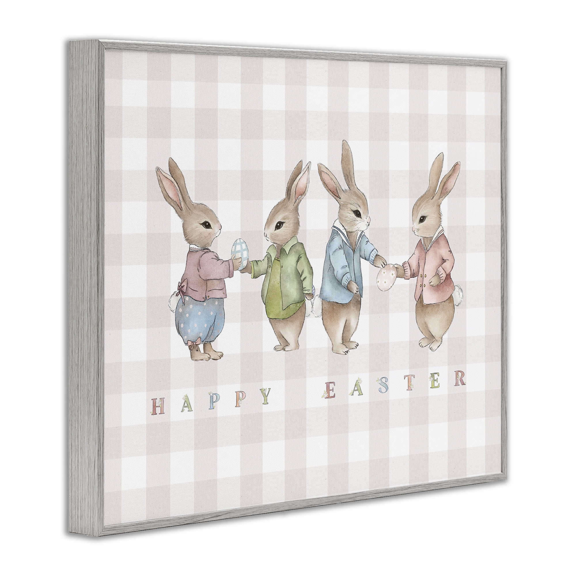 Stupell Industries Easter Bunnies Pink Gingham Gray Framed Giclee Art, design by Leah Straatsma