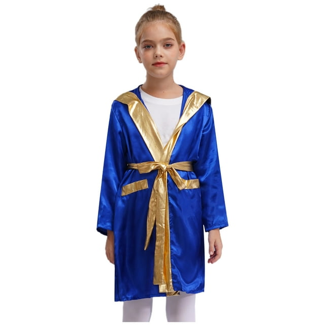 iefiel Kids Boys Boxing Outfits Metallic Trim Satin Hooded Robe Cloak with Belt Royal Blue 16