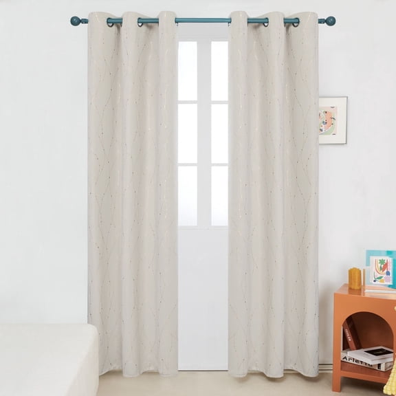 Deconovo Blackout Curtains and Drapes Golden Wave Line with Dots Printed Window Treatment Sets Curtains for Windows 42 x 84 inch Light Beige 2 Panels
