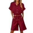 thumbnail image 2 of Ndbuld Cotton Linen Shirts for Women 2025 Summer Short Sleeve V Neck Button Down Tops Dressy Casual Oversized Tshirts Red S, 2 of 7