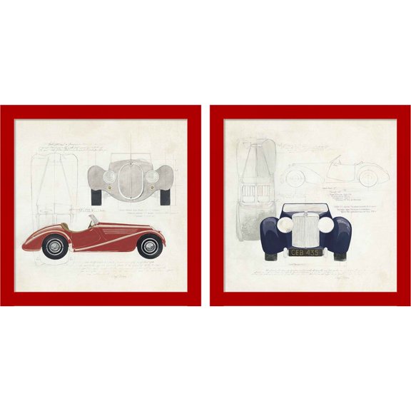 Great Art Now Roadster Red Car by Avery Tillmon, 2 Piece Framed Art Set Each 14"W x 14"H