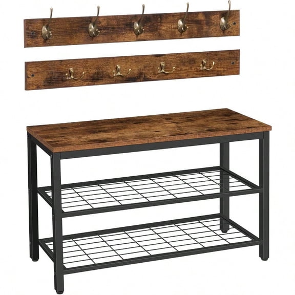 Hall Tree with Bench, Coat Rack Shoe Bench Set, Entryway Shoe Rack with Coat Hooks, Hall Tree Coat Rack, Mud Room, Industrial, for Foyer, Front Door, Rustic Brown