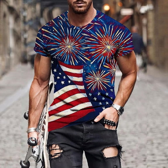 Men's Fireworks American Flag T-Shirt 3D Printed Patriotic Graphic Tees Short Sleeve Crewneck Summer Casual Tops Independence Day Celebration Party Shirt