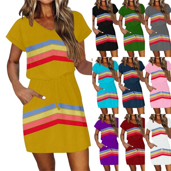Levmjia Women's Casual Stripe Print Dress Short Sleeve V Neck Loose Fit Summer Dress with Drawstring Waist Front Pockets A Line Tunic Dress for Women