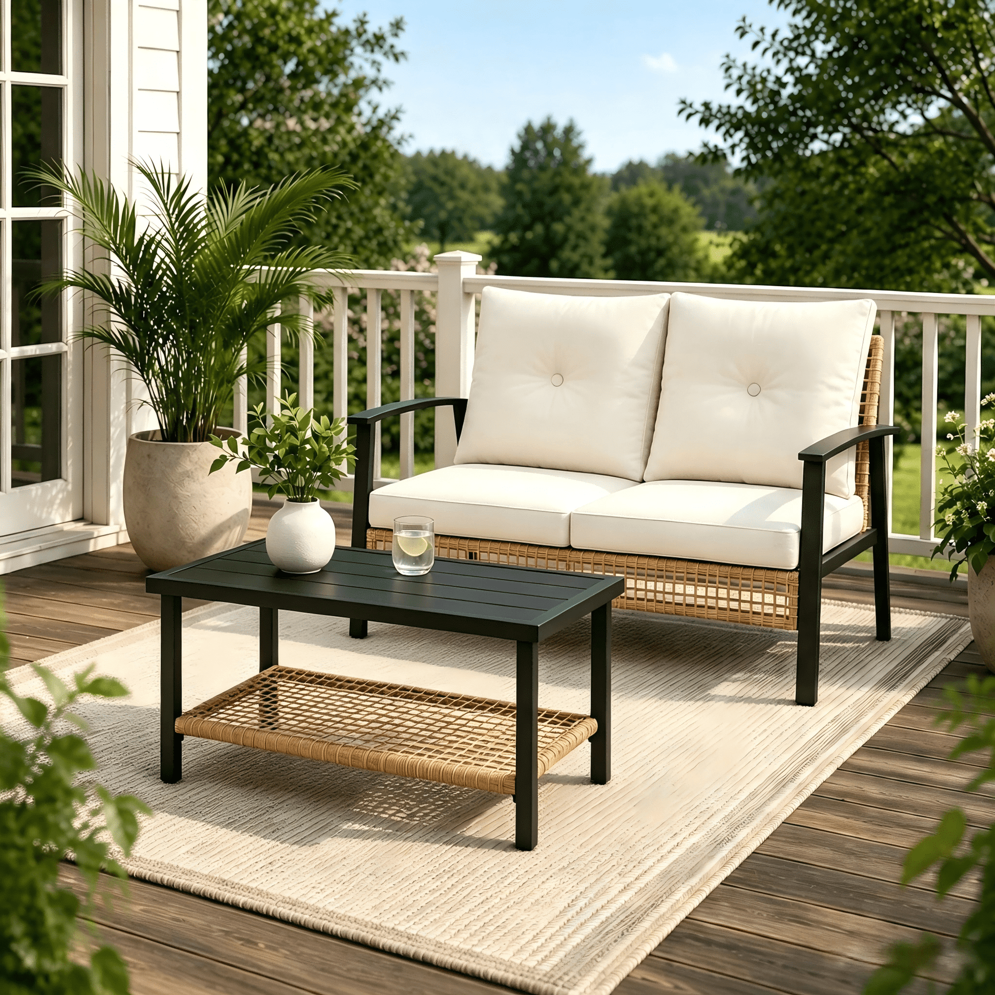 Deersky 2-Piece Patio Furniture Set, Outdoor Loveseat and Coffee Table with All-Weather PE Rattan Wicker, Metal Frame and Soft Cushions for Porch, Deck, Garden and Backyard