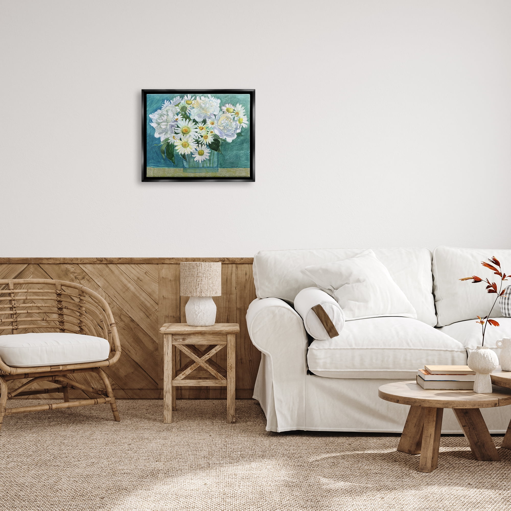 Stupell Industries Mixed White Flower Blossoms Layered Collage Drawing Painting Jet Black Floating Framed Canvas Print Wall Art, Design by Maret Hensick