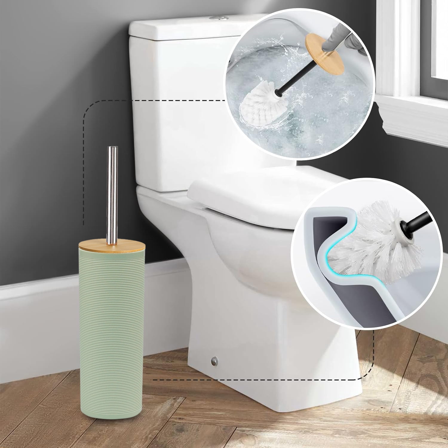 CERBIOR Bathroom Accessories Set 6 Pcs Ensemble Complete Soap Dispenser Toothbrush Holder Tumbler Soap Dish Toilet Cleaning Brush Trash Can, Thread Sriral Green