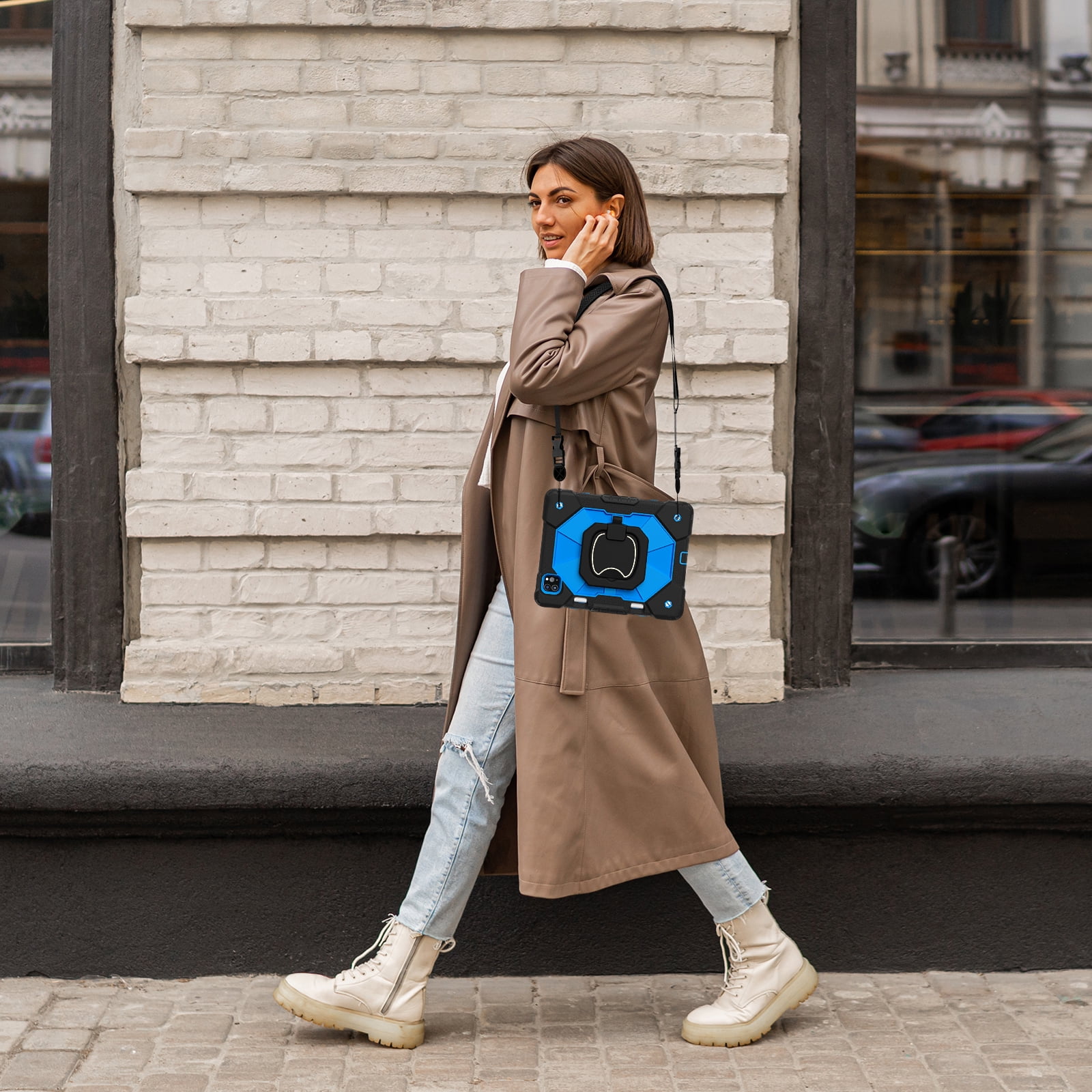Dteck with Pencil Holder Case for iPad Pro 11-inch 4th 3rd 2nd 1st Gen,iPad Air 5th/4th Generation Heavy Duty Silicone Case 360 Degree Rotating Handle Stand Cover with Shoulder Strap,Black+Blue