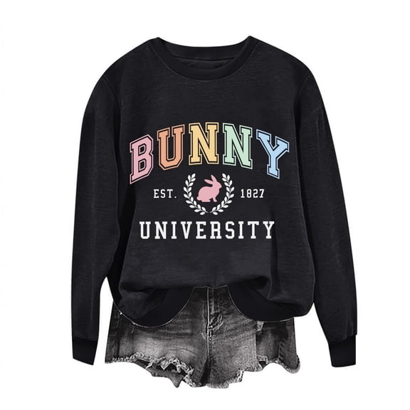 Bunny Graphic Easter Day Sweatshirt for Women 2024 Letter Print Fleece Long Sleeve Shirt Round Neck Pullover Tops