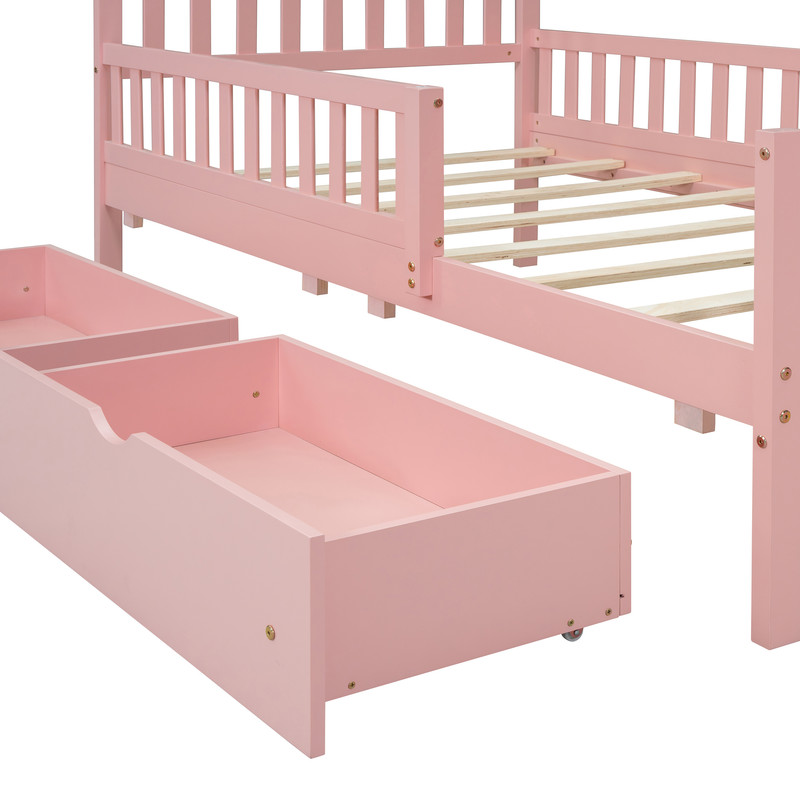 Mirightone Twin Bed Frame , Wood Twin Size Bed with Storage Drawers and Guardrails, Twin Bed Frame
