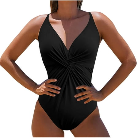 UTSJKR Women One Piece Bikini Swimsuit 2025 Tummy Control Front Knot Ruched Bathing Suit Slimming Push Up Swimwear Black XXL