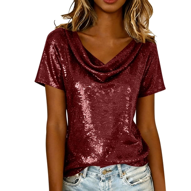 Camisas de Manga Corta para las Mujeres Casual Brillante Color Sólido Empalmado Cuello de Tortuga Tops para el Uso Diario