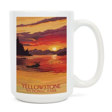 

15 fl oz Ceramic Mug Yellowstone National Park Montana Painterly Moose at Sunset Dishwasher & Microwave Safe