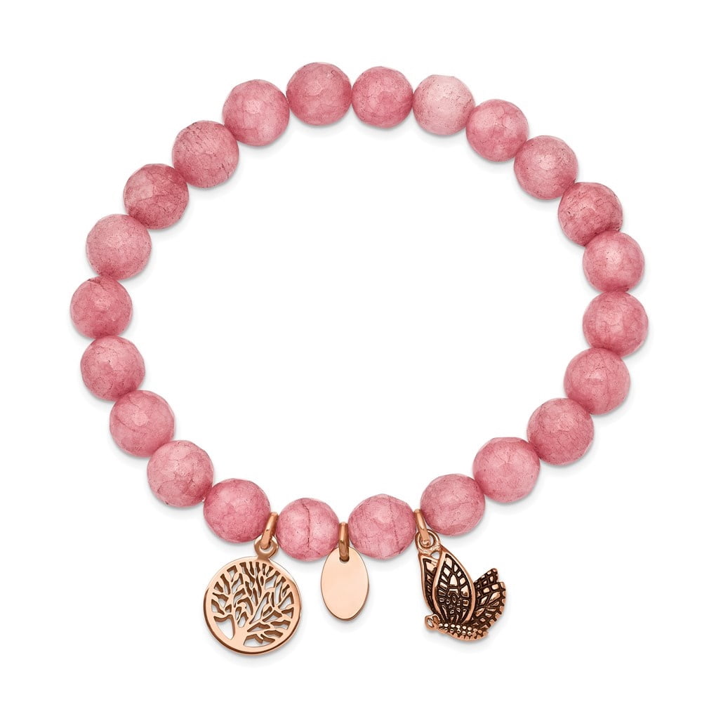Diamond2Deal Stainless Steel IP-Plated Butterfly and Tree of Life 8mm Pink Dyed Jade Beaded Stretch Bracelet for Women 6"