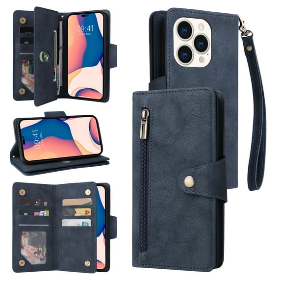 Feishell for iPhone 14 Pro Wallet Case with Wrist Strap,Premium PU Leather Zipper Pocket Magnetic Buckle Folio Flip ID Credit Card Slots Shockproof Kickstand Phone Case for Women Men,Blue