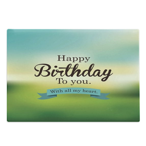 Birthday Cutting Board, Sincere Greeting Message on a Blurred Background Celebration Theme, Decorative Tempered Glass Cutting and Serving Board, Large Size, Turquoise Green Yellow, by Ambesonne