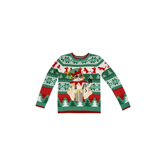 Jollidays Boys' Cute Christmas Kitty Long Sleeve Crewneck Ugly Christmas Sweater, Sizes S-XL
