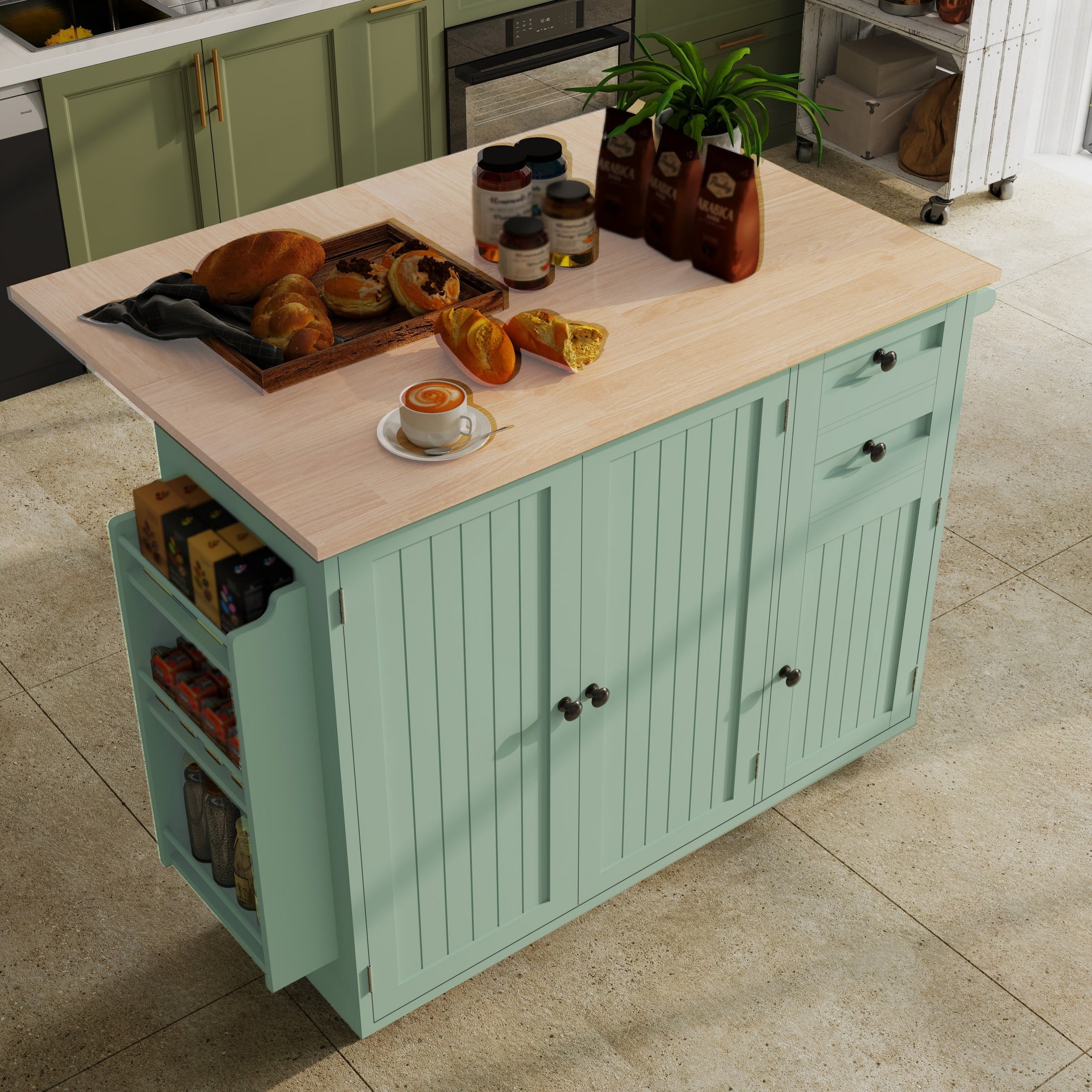 50.4" Kitchen Island with Storage,  Expandable Solid Wood Top Cart with Drop Leaf and Wheels, Green