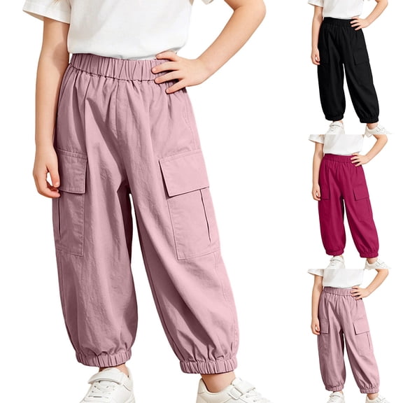 FRSASU Kids Quick Dry Parachute Pants Full Length Elastic Waist Strip Baggy Sports Hiking Trousers with Pockets Pink