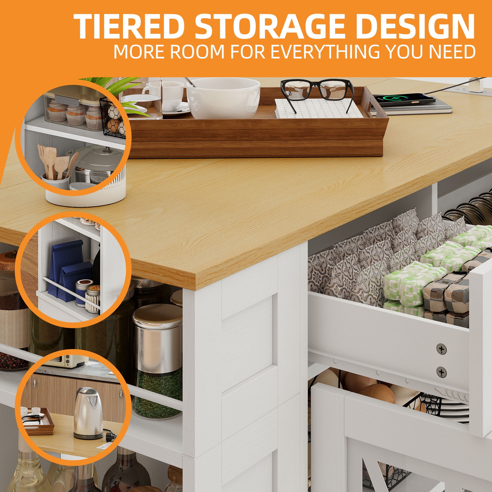 Uforic 47 Inch Storage Kitchen Island Island with Foldable Drop Leaf & Power Outlet, Spice Rack, 2 Upholstered Stools & Footrest for Kitchen Dining Room,White Oak