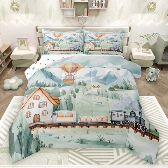 Castle Fairy Kids Boys Girls Cartoon Railway Train Bedding Comforter Set 2pcs,Steam Engine Twin Comforter Sets Microfiber,Railroad Transportation Theme Breathable Bedding Set,Luxury Bedroom Decor