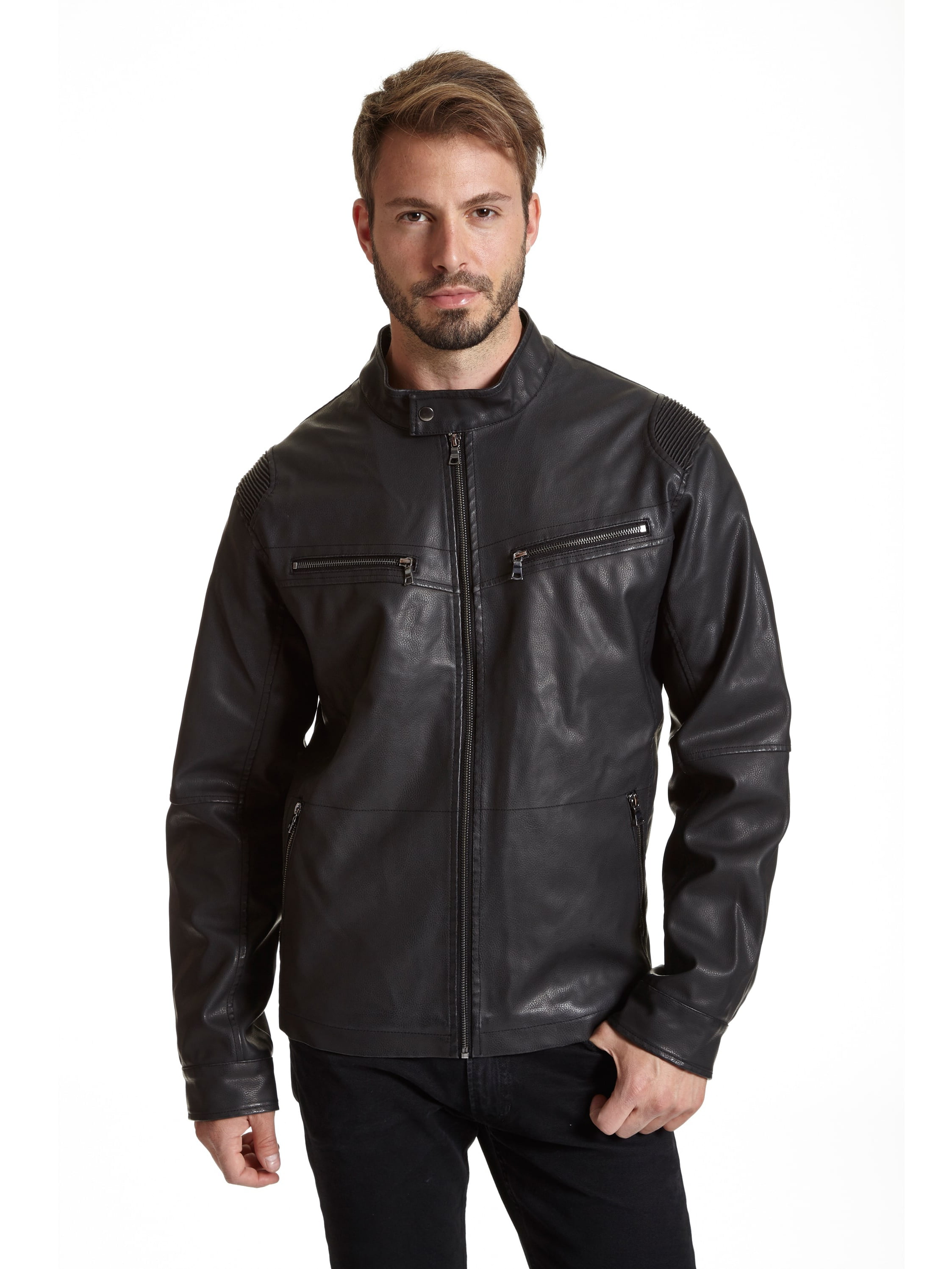 EXcelled Men's Black Faux Leather Racer Jacket - Walmart.com